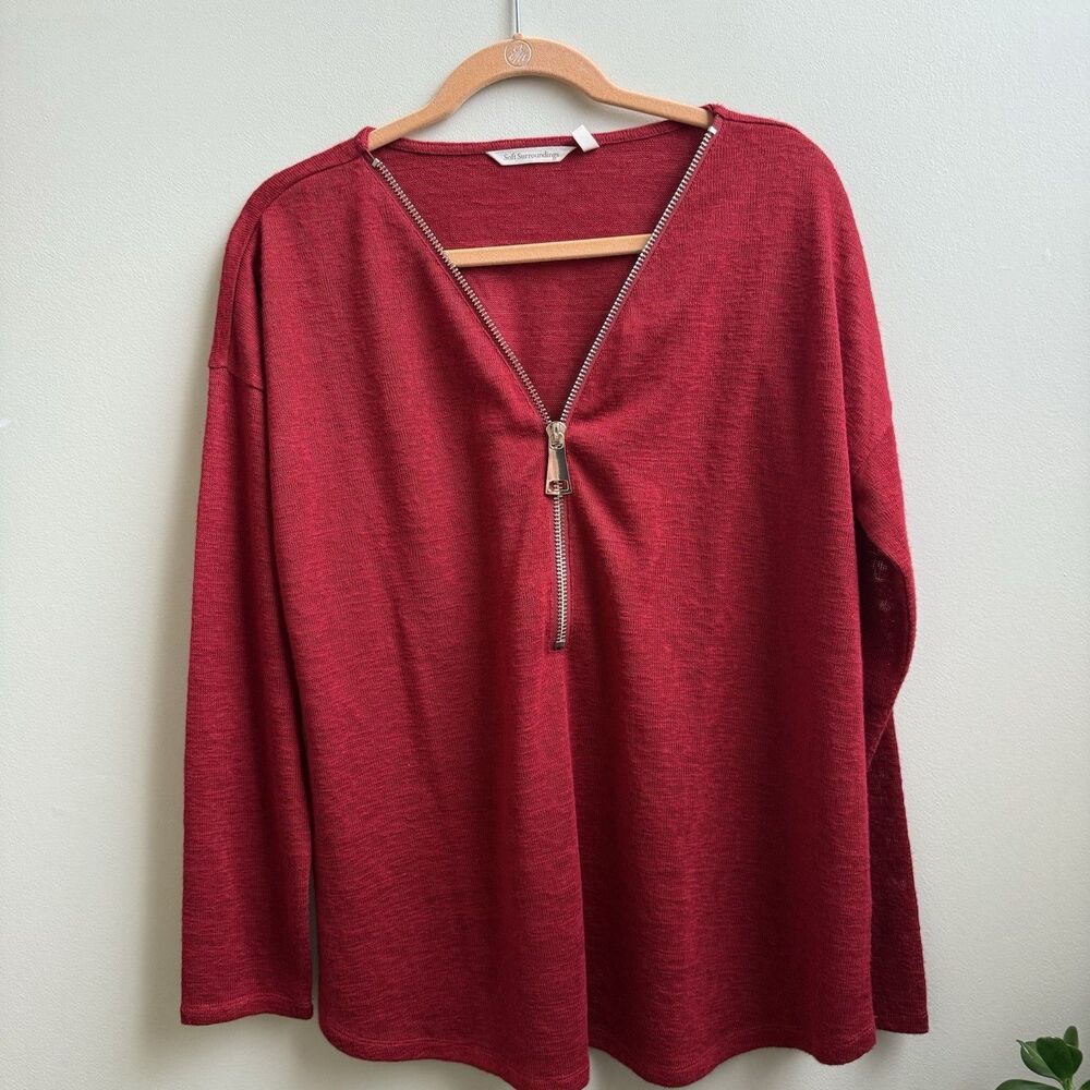 SOFT SURROUNDINGS Women's Red Zip Sweater Polyester Rayon Size Large